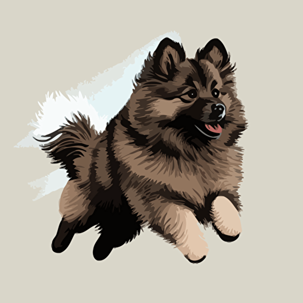grey and brown, keeshond dog through the air, simple vector art, anime style art, Adobe Illustrator style art, no background, ::