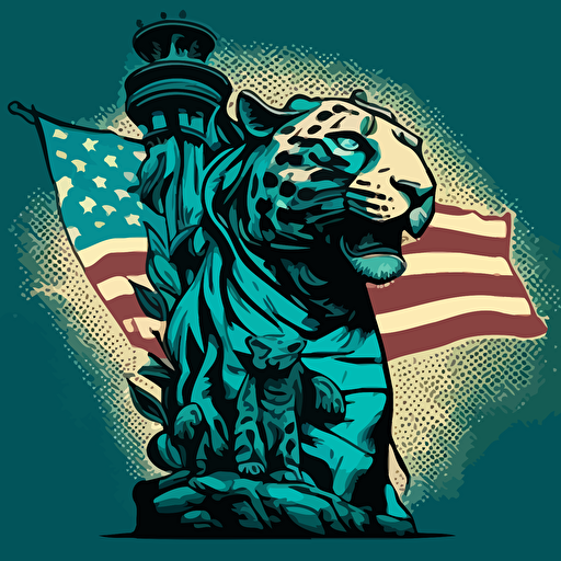 vector mascot style statue of liberty stands next to a jaguar american flag background