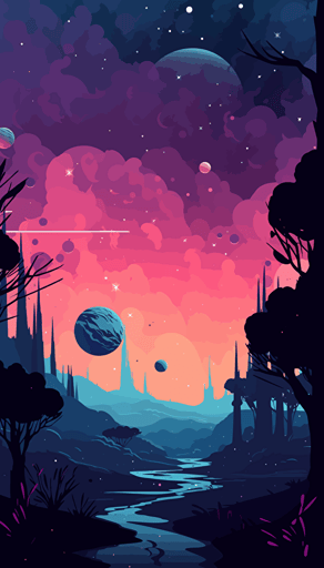 a 2d vector art, limited color palette, modern style illustration, galaxy space scene