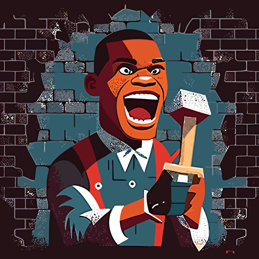 Russel Westbrook is dressed as Dracula with fangs, he is holding a mortar trowel building a brick wall, he is a vampire, vector style