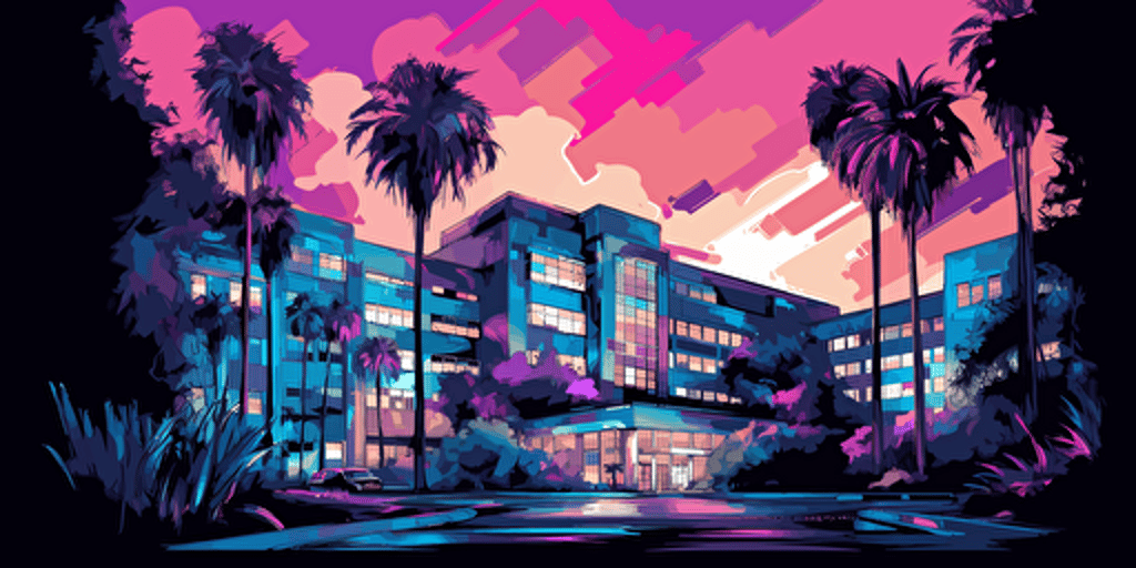 an ink illustration vector DESIGNMILK of cedars-sinai hospital the palette is purple magenta electric blue and green