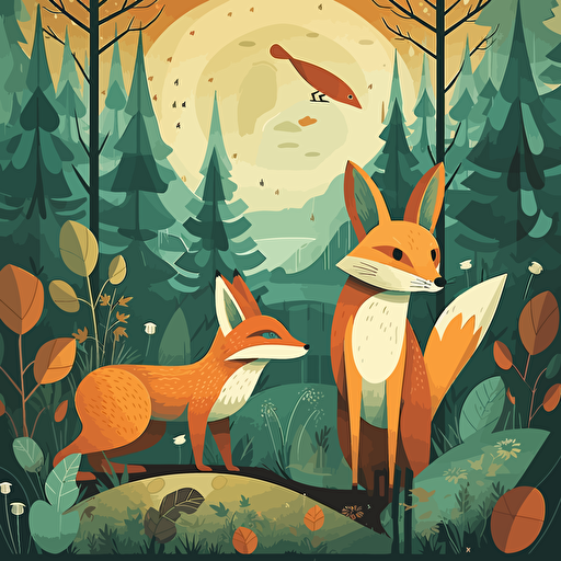 a flat illustration of a fox and rabbit in a forest by killian eng, adobe illustrator, vector, poster