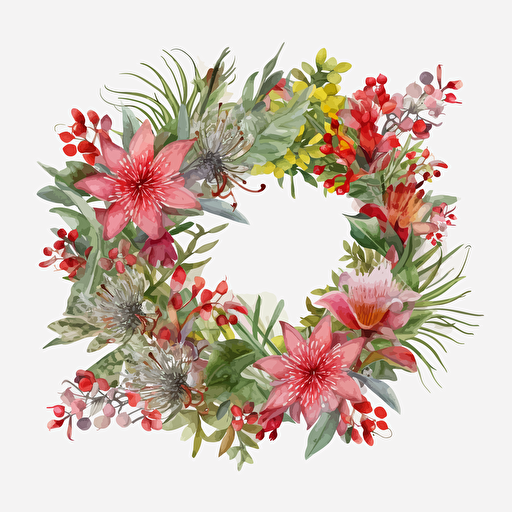 australian christmas wreath on transparent background with australian native flowers, watercolour, vector, clipart, intricate, ultra