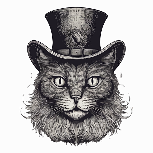 Hamilton Mortimer style illustration vector of horror cat, no color, no shading, black and white, white background