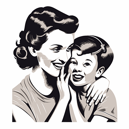 vector image of aA laughing mother and laughing child sharing a secret whisper in ear, logo art, brand logo, black and white, no background,