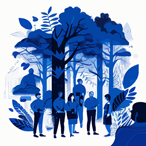 Design a vector image featuring a diverse group of professionals collaborating in a forest setting, incorporating royal blue elements. This image represents the supportive environment that StaffAgency provides for job seekers and employers.