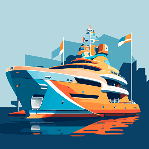 simple vector illustration of a yacht located in the harbour at Monaco. Blue and orange colours only, simple, uncluttered