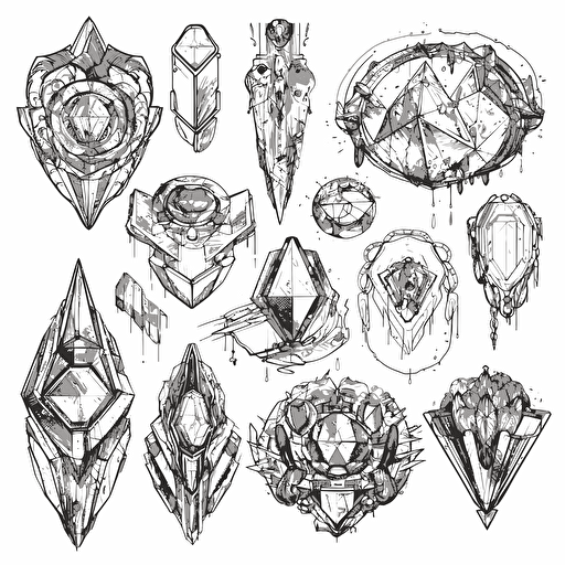 art journal pages, Collection of futuristic cut jewels, cyber punk, translucent, shiny object, high detail, symmetrical, vector, ink, sketch, white background