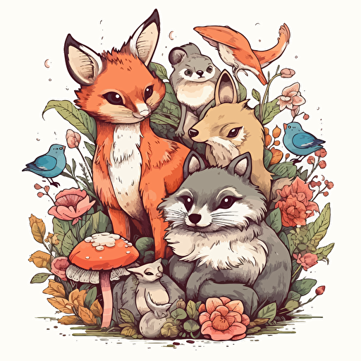 a beautiful group of fairycore woodland animals with a surrounding floral design in detailed drawing style + simple vector + bright colors on a white background