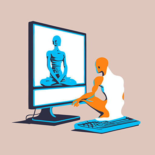 a modern futuristic minimal vector logo of a computer game in a meditative pose buddah like in front of a computer, orange blue white background