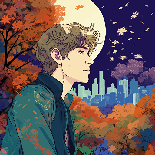 close-up shot of cute 25-year-old male poet, background of maple trees overhanging a crystalline river, the maple leaves radiate rainbow light, background of distant green hills, a shining city's buildings sparkle on the distant hills, a sky full of stars, the milky way, detailed, vector, style of bruce weber, alphonse mucha, yoshitaka amano, granblue fantasy, photorealism