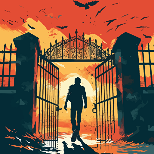 a vector image of a man leaving prison, walking into his community, opened prison gates, graffiti style