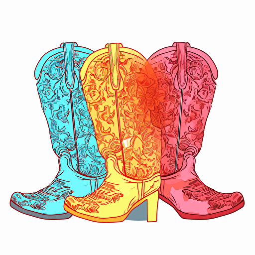 adorable brightly colored cowboy boots on a white background + doodle style + white background + simple vector + bright colors