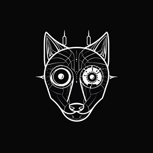 Eyes Closed Wolf, Banksy style, black background, large closed shapes, fantasy roboter, white space to fill, abstract, artistic, pen outline, white background, very simple, full field of view, centre, minimalistic logo vector art , simple flat vector logo