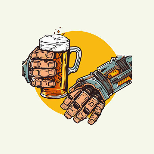 arm of a robot cheers beer with arm of a man, cartoon graffiti, vector, no background