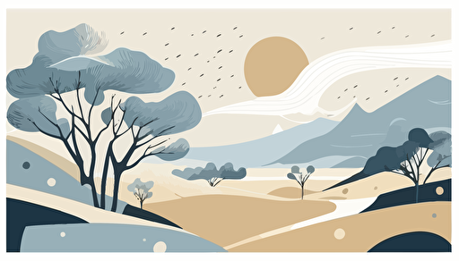 dusty blue and beige abstract landscape art, Minimalist, vector, contour