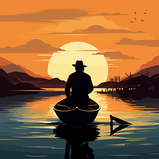 fishing man on a boat silhouette, beach background vector illustration, in the style of raphael lacoste, restrained impressionism, uhd image, r. kenton nelson, pensive stillness, high resolution, john mckinstry