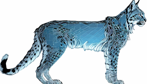 2d, coloring page, simple, sprite, vector line drawing of a transparent, polygonal computerized lynx, blue color #11375c, #a9c9e7, side view