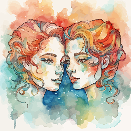 vector line drawing of gemini twins, with multicolor, watercolor background.