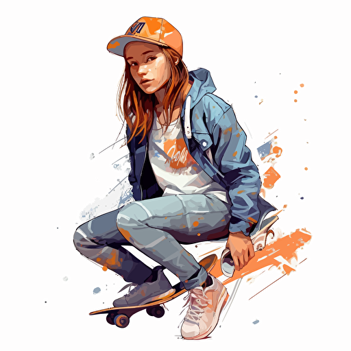 vector art style, 14 years young skater girl, Michael Park, white background, no splashes