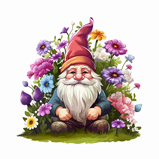 gnome, flowers, detailed, cartoon style, 2d clipart vector, creative and imaginative, hd, white background
