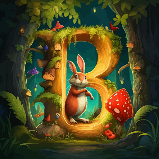 B letter and cute bunny in fantastic forest, vector cartoon style