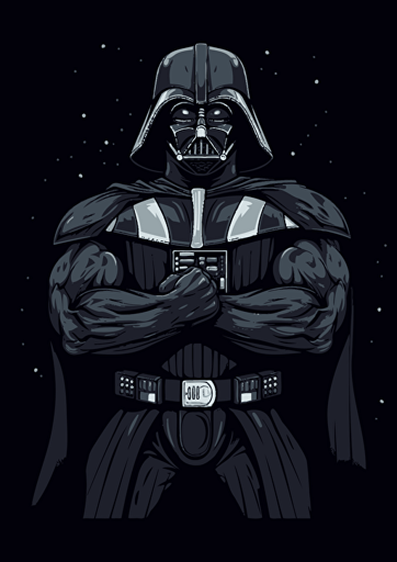 Darth Vader flexing biceps, minimalist logo, black background, 2D flat vector, standing in a powerful pose