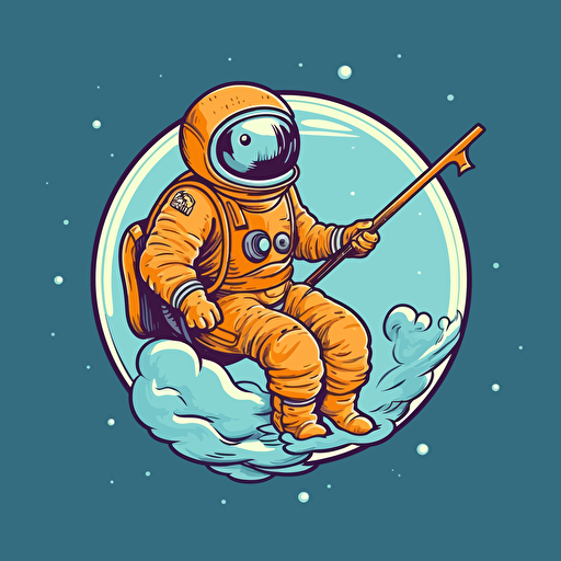 astronaut riding a stick. His helmet is filled with water and has one goldfish inside. His left hand is doing the shaka sign. retro cartoon sticker style vector