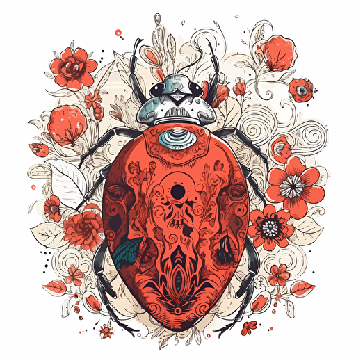 a beautiful fairycore ladybug with a surrounding floral design in detailed drawing style + simple vector + bright colors on a white background