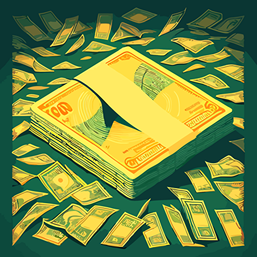 A huge pile of millions of US dollars. Illustration in vector, green and yellow tones, in the style of 80's advertising.