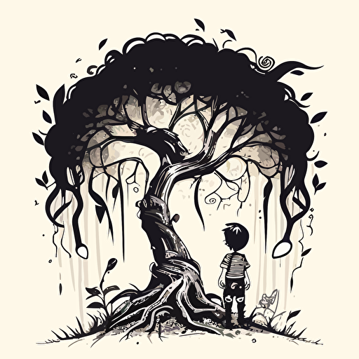Tall and skinny tree, with branches that twisted and turned in every direction. Black and White vector illustration. Also a little boy looking up at the tree. Cheerful image with magical fruit around.