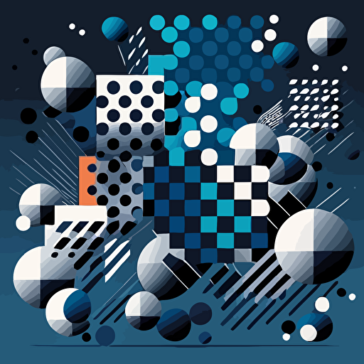 Design a visually striking vector illustration that showcases the transformation process from atoms to pixels. Utilize a dark blue color scheme and flat vector shapes, drawing inspiration from Victor Vasarely's iconic style. Incorporate geometric shapes and patterns in a way that creates a sense of depth and movement, while avoiding shades and gradients. Experiment with different shapes and sizes to create a dynamic and engaging piece of art.