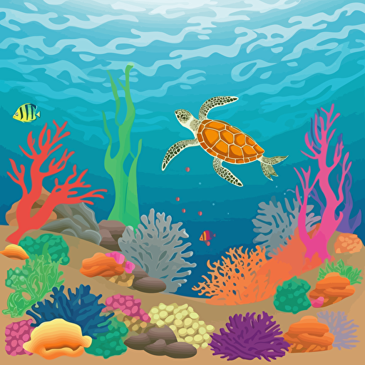 background scene for a seaturtle. clip-art, vector, colorful. coral and seaweed solid colors