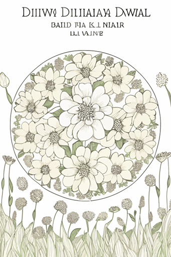 a lawn full of flowers with mandala-style pattern on white background, svg vector image with subtle pale colors, thick black outline