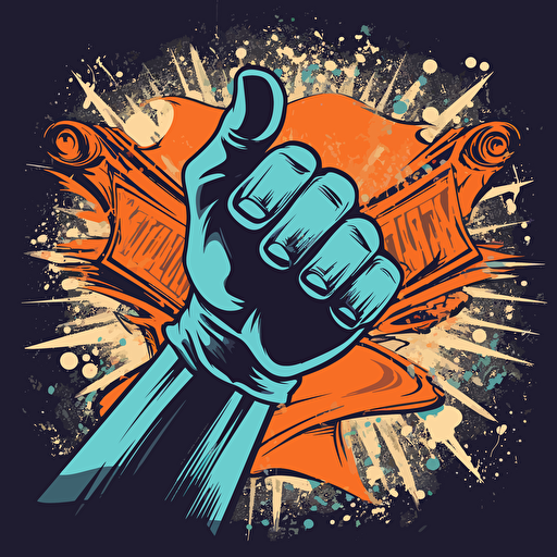 a vector image of a black hand holding up a college diploma, blue and orange and dark gray, graffiti style