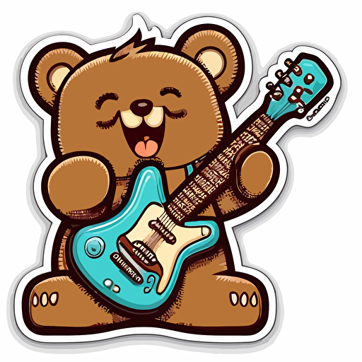 sticker happy teddy bear playing an electric guitar, kawaii, vector, contour, white background