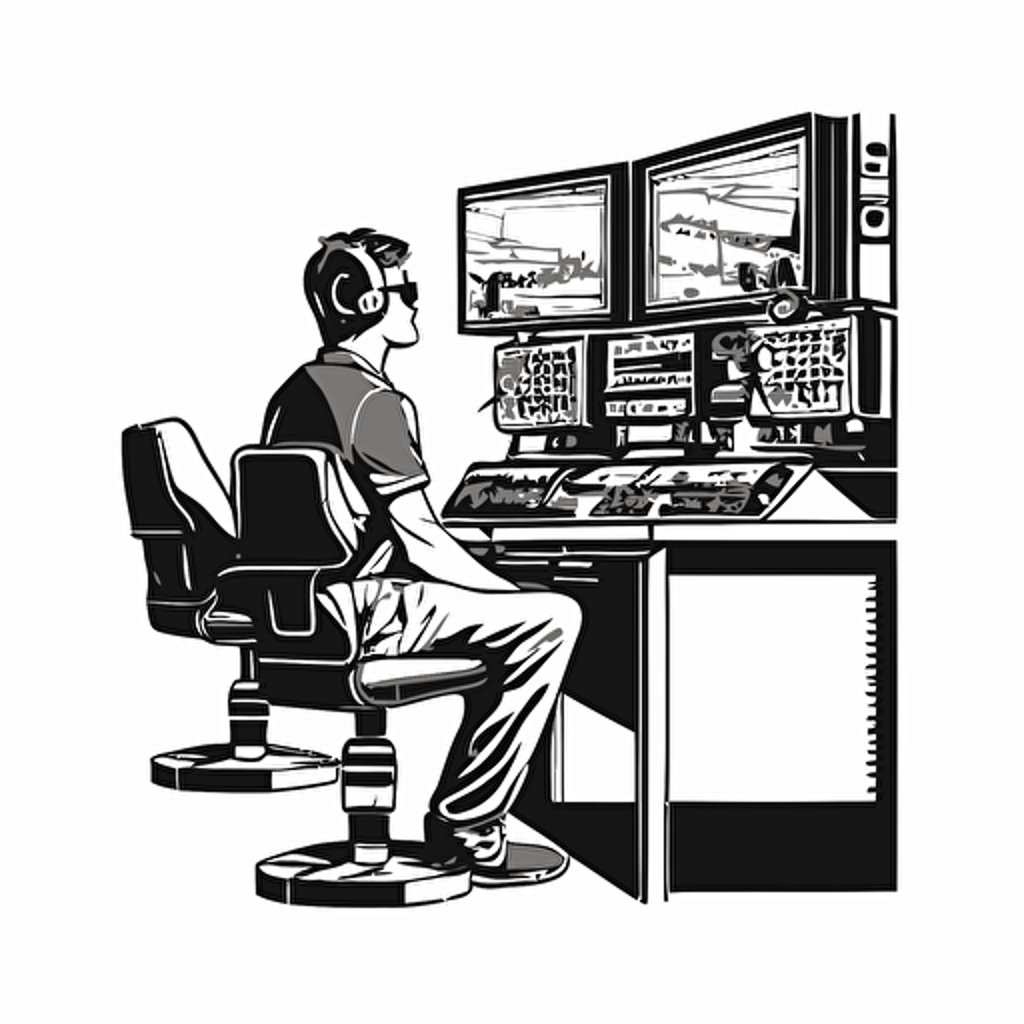 vector illustration of a person seated in a control room, black and white, white background