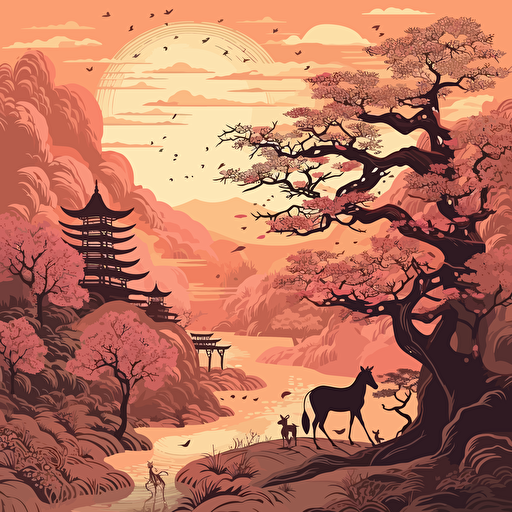 An illustration of an Japan landscape, with cherry blossom tree, animals, sun, limited color pallete, beautiful, detailed, vector, svg, shadows, highlights, inspiried by art by Andrey Prokopenko, hi res