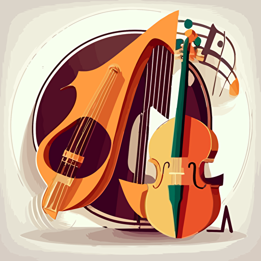 a violin in front of a cello in front of a double bass in front of a harp in front of a timpani in front of a piano in different colors , flat vector, design pappercut