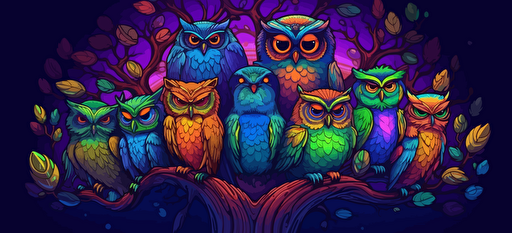 owls on a tree branch, surrounded by a circle of forest themed motifs, 2d vector, neon colors, epic composition