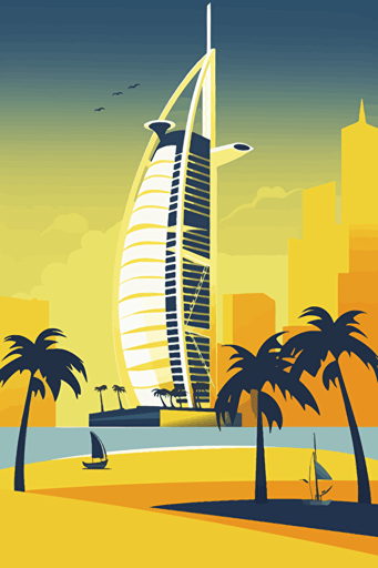 dubai burj al arab, wistful, 1960s, vector art,