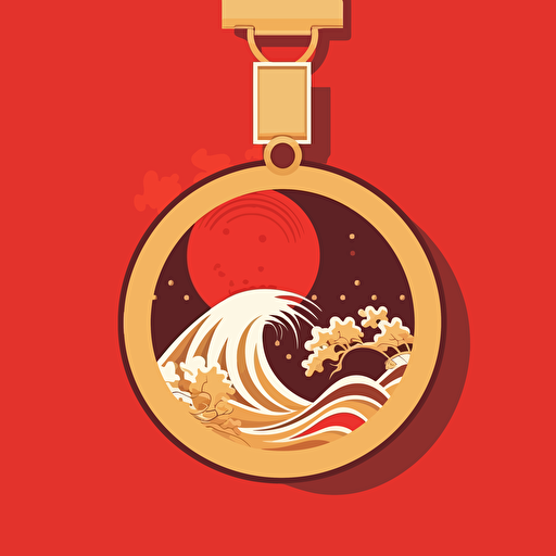 a vector drawing of a golden medalon a red background, flat colors, japanese, sophisticated, beautiful