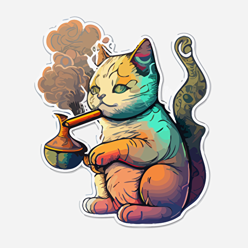 Cat smoking a bong, Sticker, Relaxed, Warm colours, anime, Contour, Vector, white background, Detailed