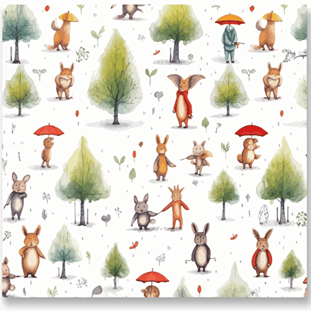 little forestwood creatures, seamless pattern, tile pattern, white background, vector, by banksy