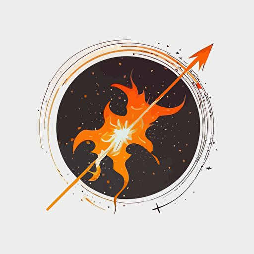 round logo of sagittarius. vector, flat, little flame, simple, white clean backgound