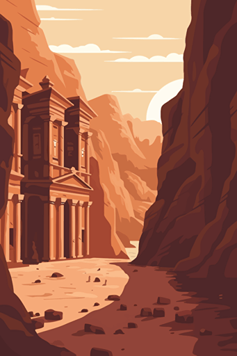 front view of Petra in jordan, blue sky, vector design, minimalist, flat