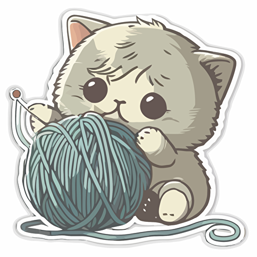 sticker anime style kitten playing with ball of yarn, vector art