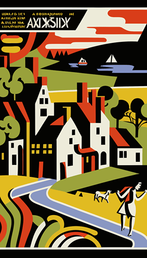 flat, vector, svg, pdf, village in Scotland, by Keith Haring, Wassily Kandinsky