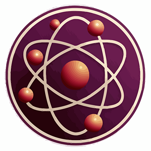 an ensemble logo showing atom with its electrons in dark red dark purple colors, vector, simple