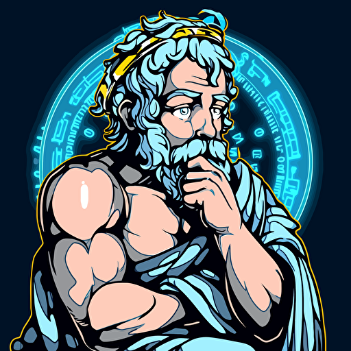A ancient Greek Philosopher thinking pose watching a computer connected to an AI machine, futuristic, vector logo